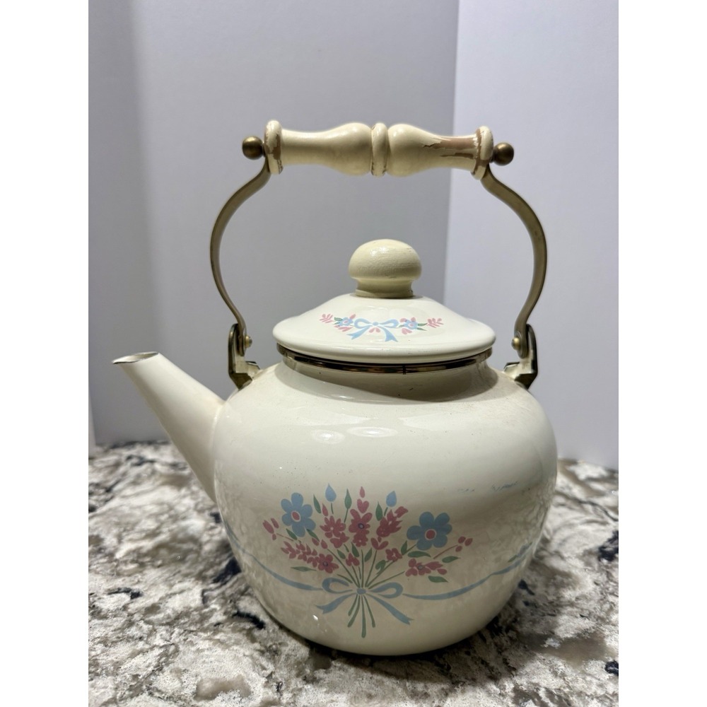 Vintage Off White Floral Enamel Tea Kettle Wood Knob/Handle Brass